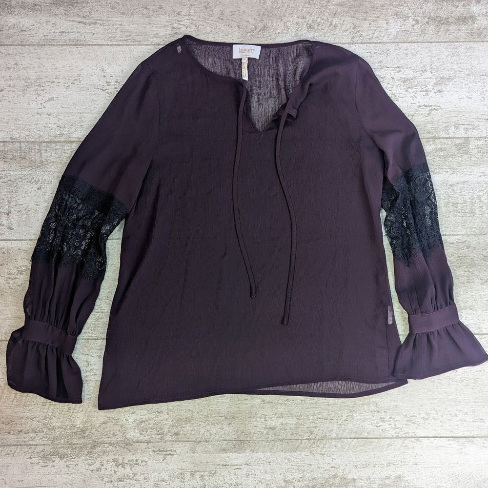 Laundry By Shelli Segal Sheer Blouse Women Size 4 Dark Purple Long Sleeve Lace